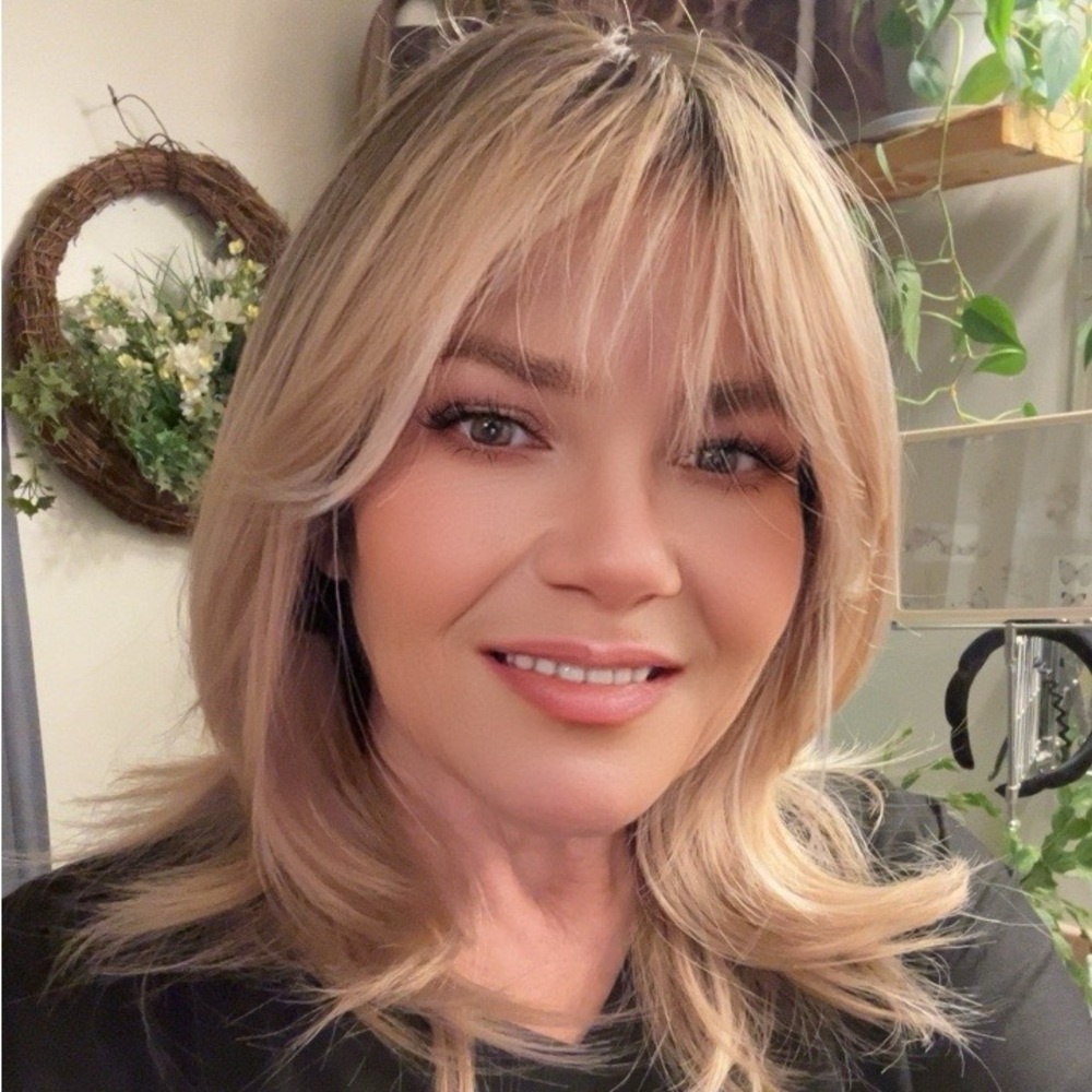 Hard top Crown Multi-Tone Blonde Layered Wig with Curtain Bangs